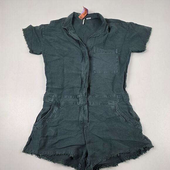 YFB Young Fabulous & Broke Romper Womens Medium Green Linen Blend Short Sleeve - Picture 1 of 13